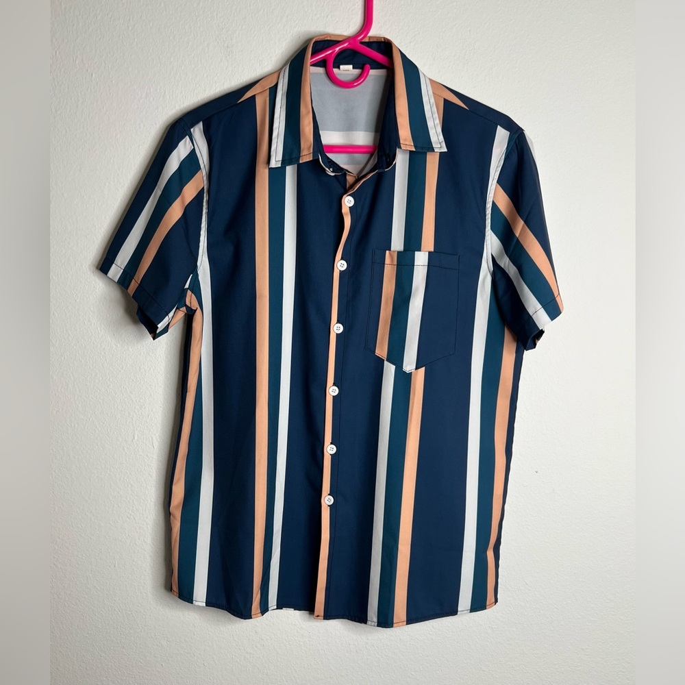 Mens Shirt Short Sleeve Button Up Striped Size Small Multicolor